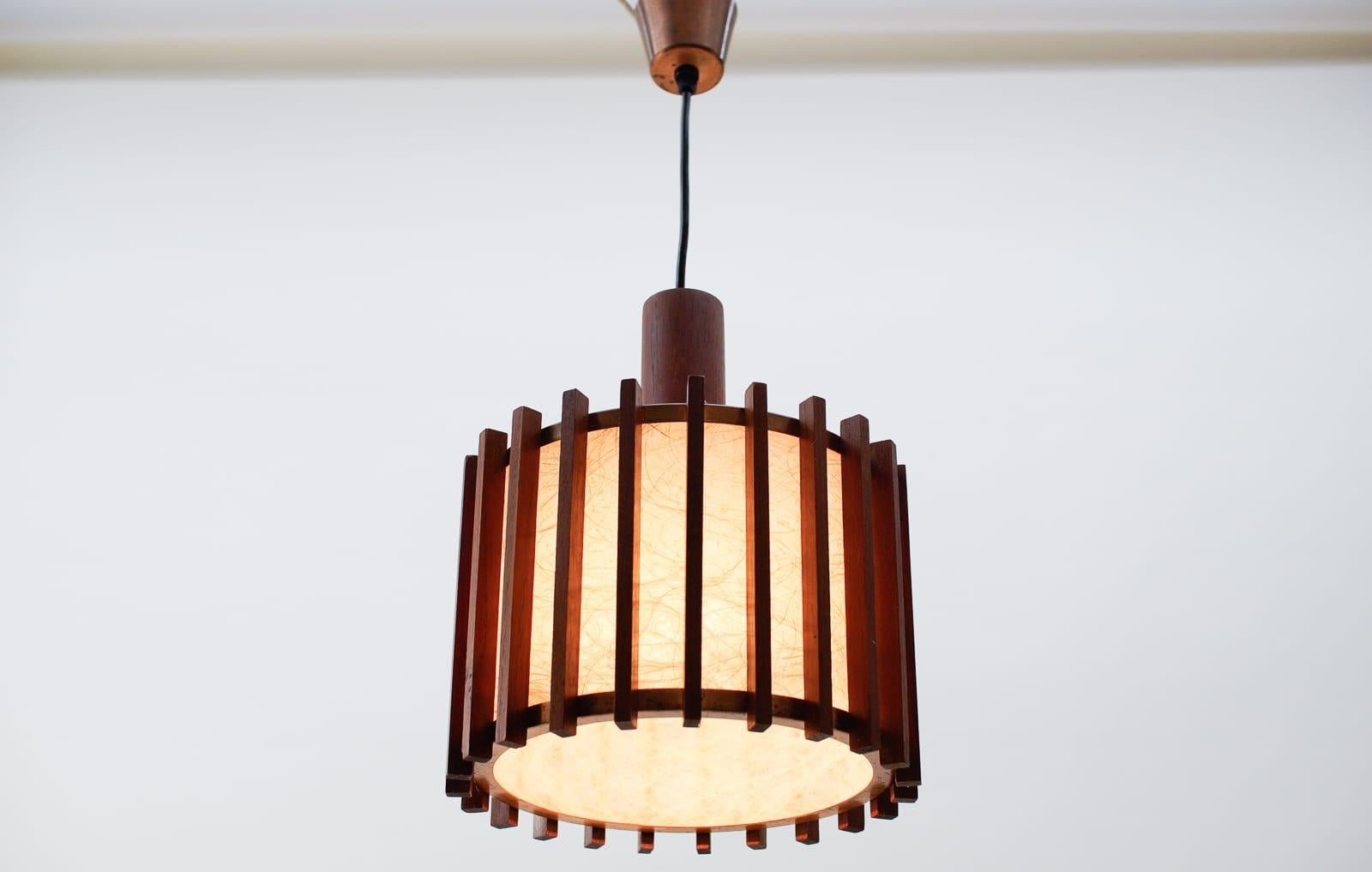 Pair of Scandinavian Mid-Century Modern Ceiling Lamps in Teak Wood and Copper For Sale 1