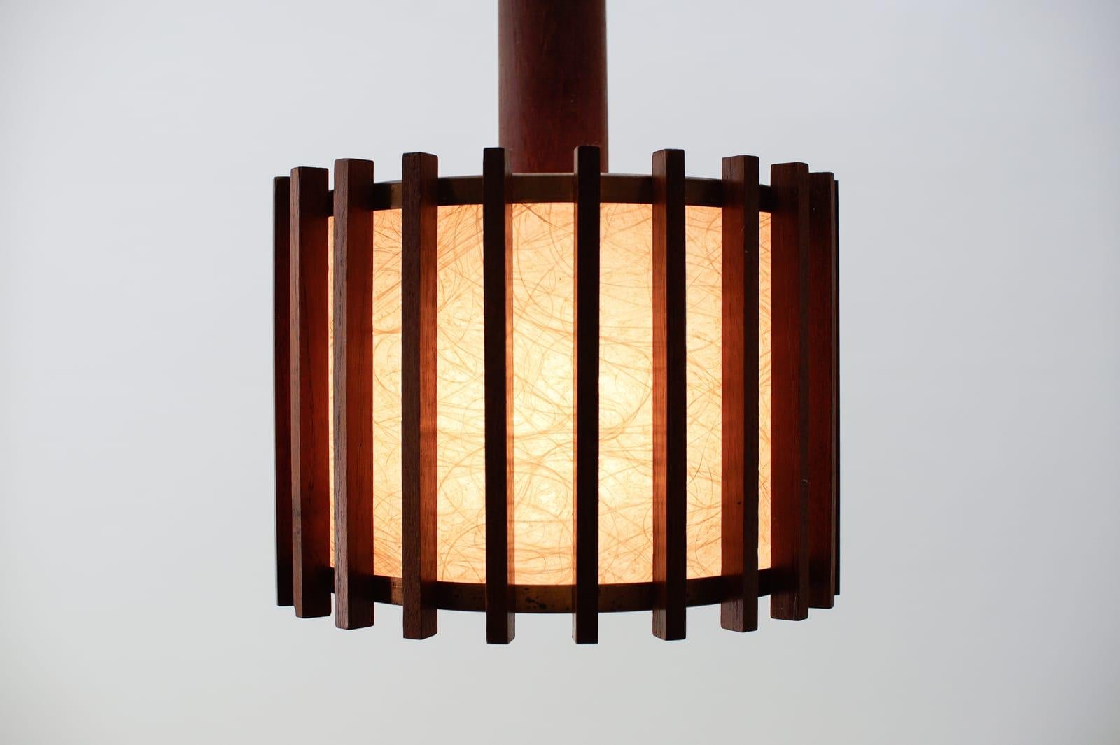 Pair of Scandinavian Mid-Century Modern Ceiling Lamps in Teak Wood and Copper For Sale 3