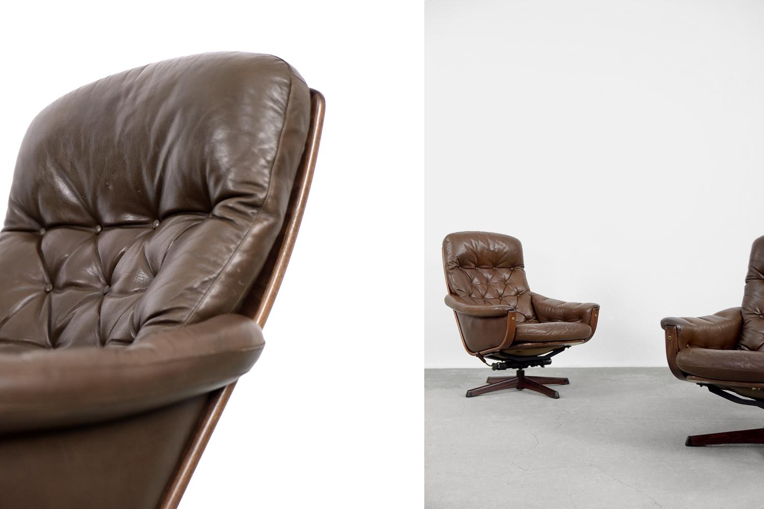 Pair of Scandinavian Mid-Century Modern Leather Swivel Chairs from Göte Möbler In Good Condition In Warszawa, Mazowieckie