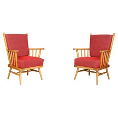 Pair of Scandinavian Mid-Century Modern Lounge Chairs in Beech & Red Upholstery.
