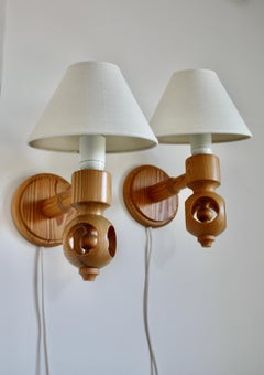Pair of Scandinavian Mid-Century Wall Lamps in Pine, Textile Shades, Signed, 70s