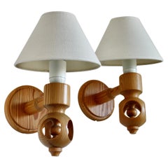 Pair of Scandinavian Mid-Century Wall Lamps in Pine, Textile Shades, Signed, 70s