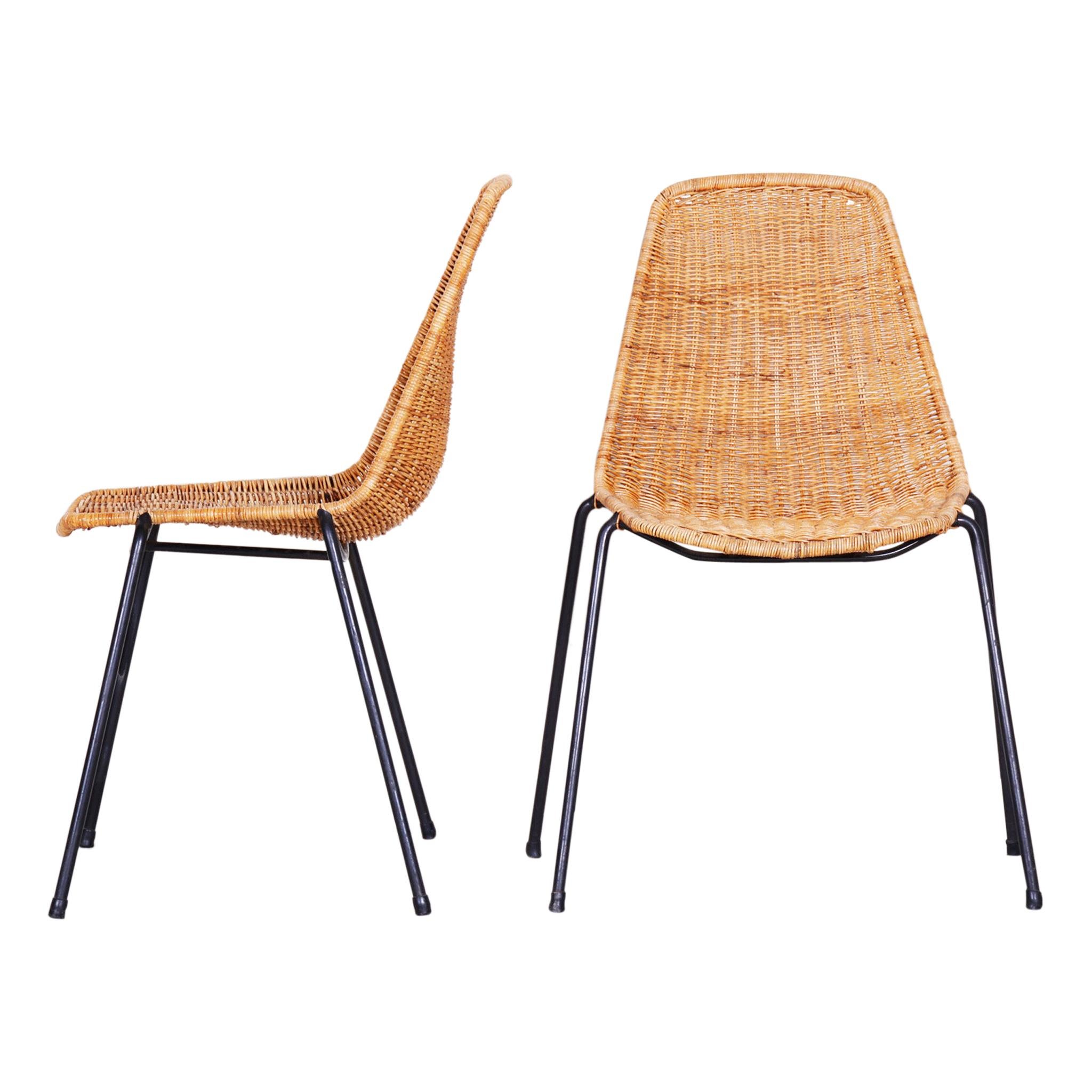 Pair of Scandinavian Midcentury Chairs, 1960s, Rattan-Metal, Original Condition