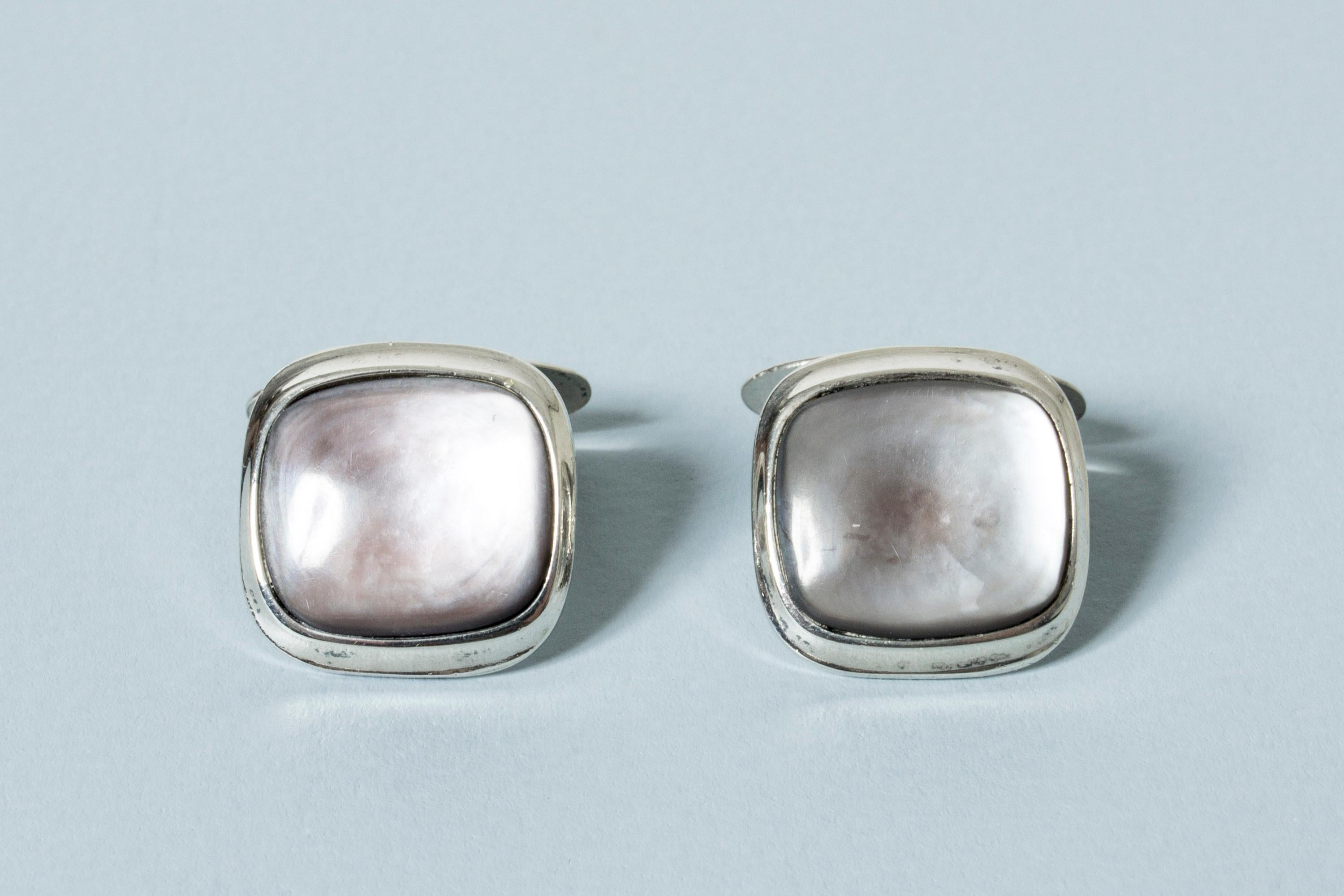 Square Cut Pair of Scandinavian Midcentury Silver and Moonstone Cufflinks