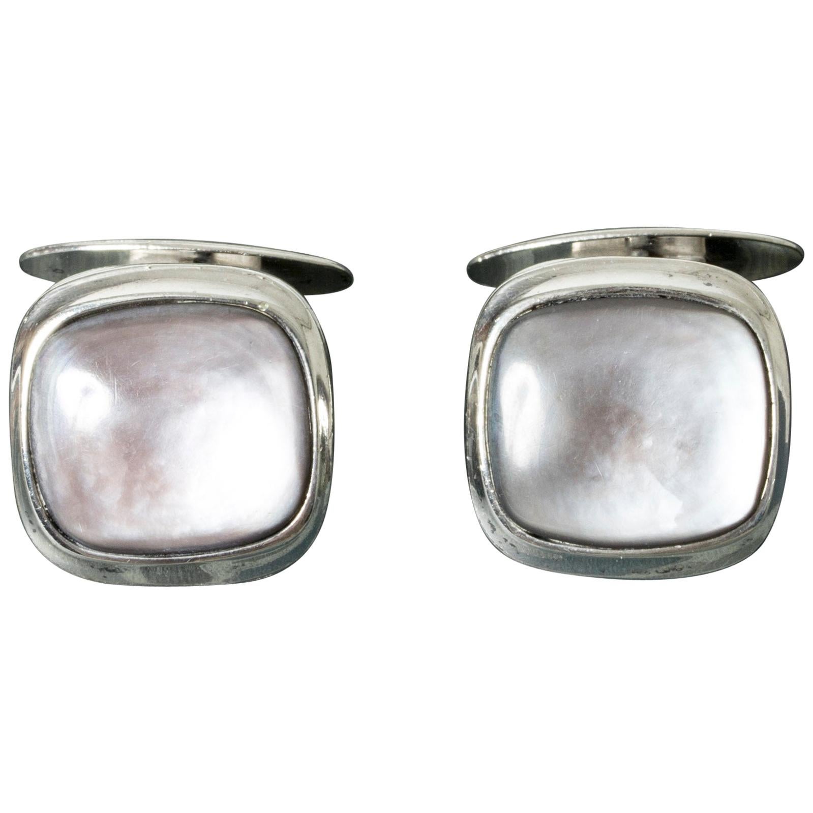 Pair of Scandinavian Midcentury Silver and Moonstone Cufflinks