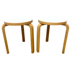 Pair of Scandinavian Modern Alvar Aalto white laminate Stools by Artek