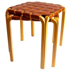 Pair of Scandinavian Modern Alvar Aalto Y61 Stools in Birch and Leather Seat