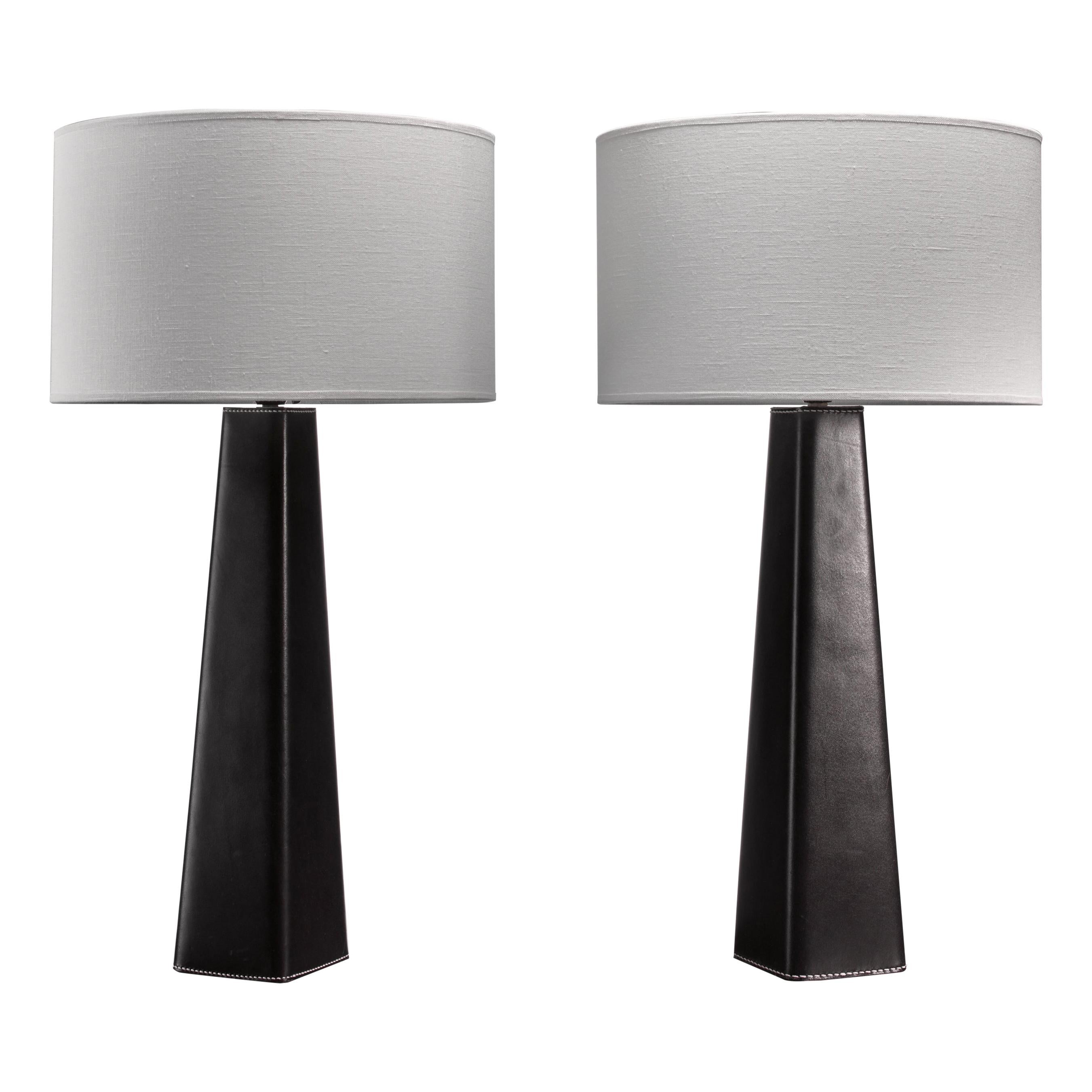 Pair of Scandinavian Modern Black Leather Clad Table Lamps