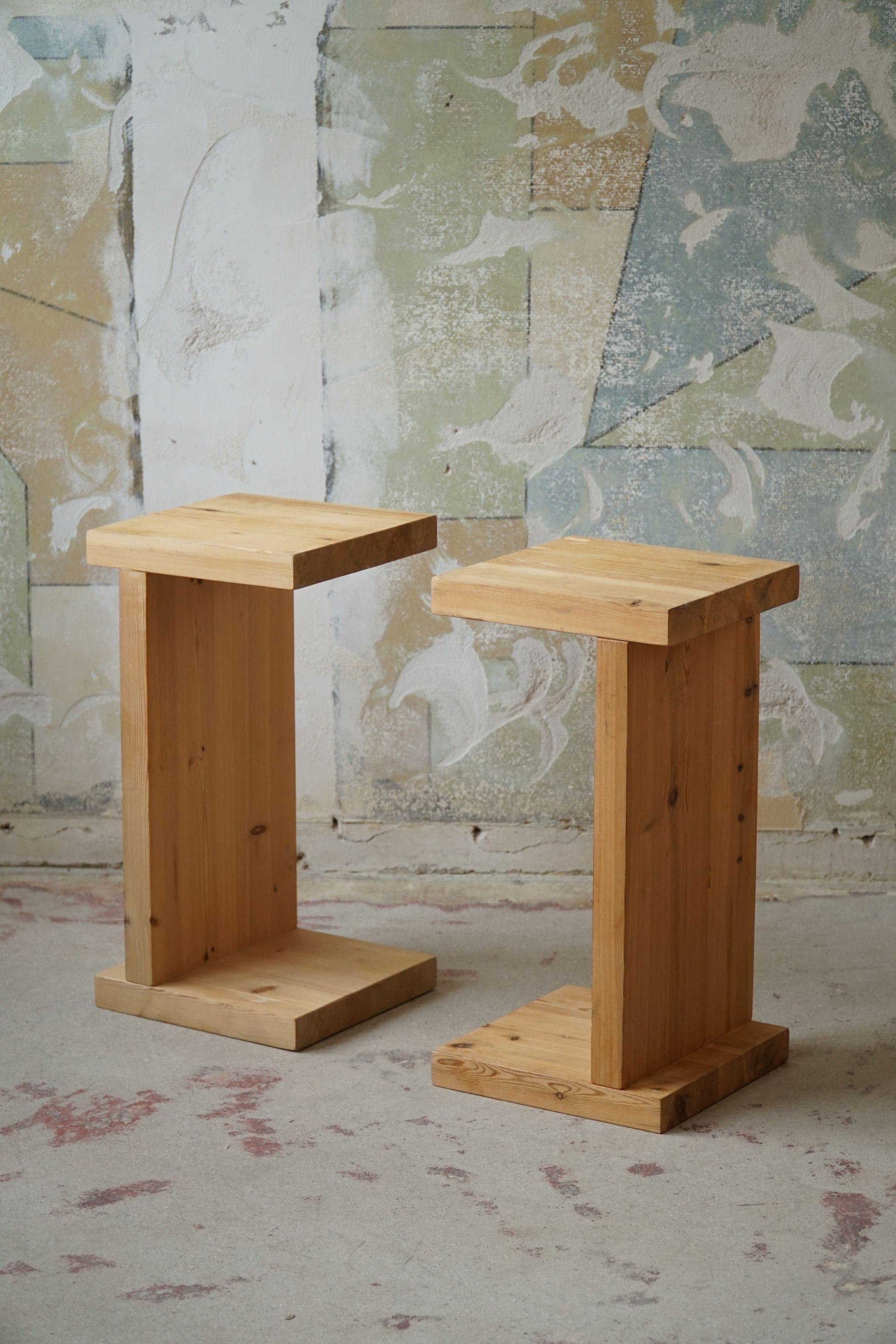 Late 20th Century Pair of Scandinavian Modern, Brutalist Night Stands in Solid Pine, Made in 1970s