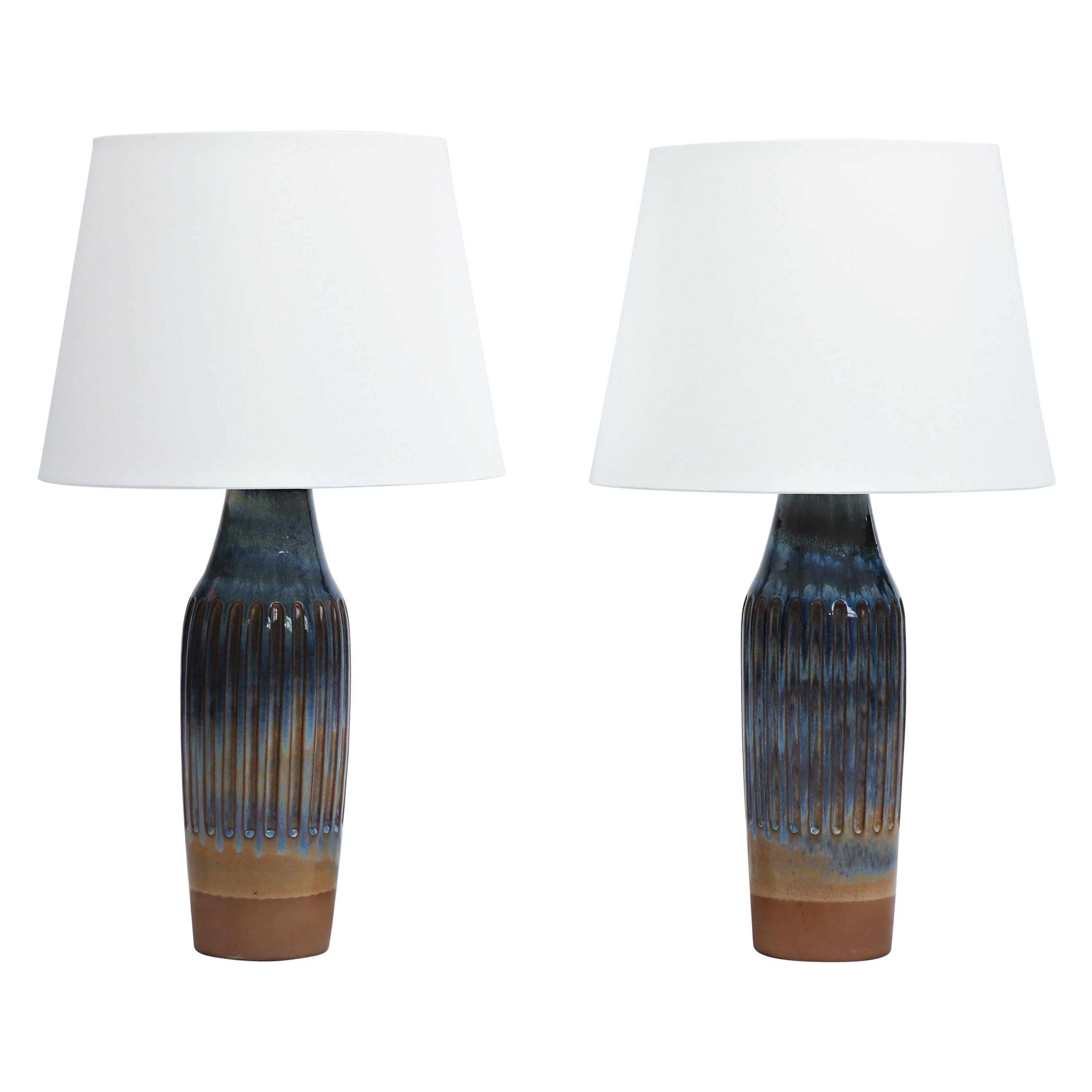 Pair of Blue Scandinavian Modern Ceramics Table Lamps by Michael Andersen / Lyfa