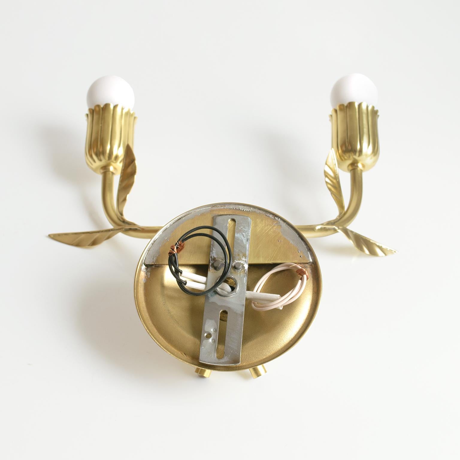 Pair of Scandinavian Modern Floral Double Arm Sconces in Brass 5