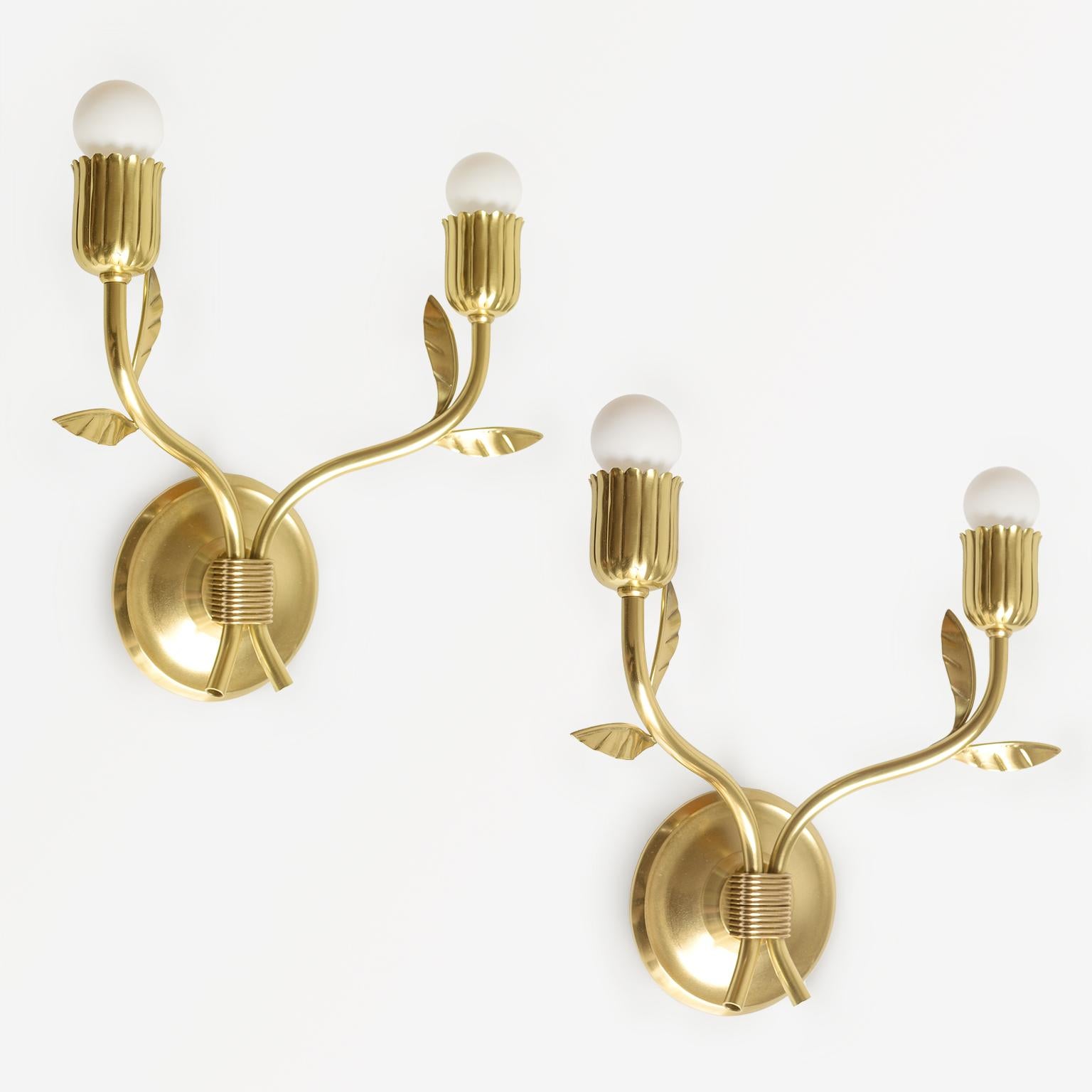 Polished Pair of Scandinavian Modern Floral Double Arm Sconces in Brass