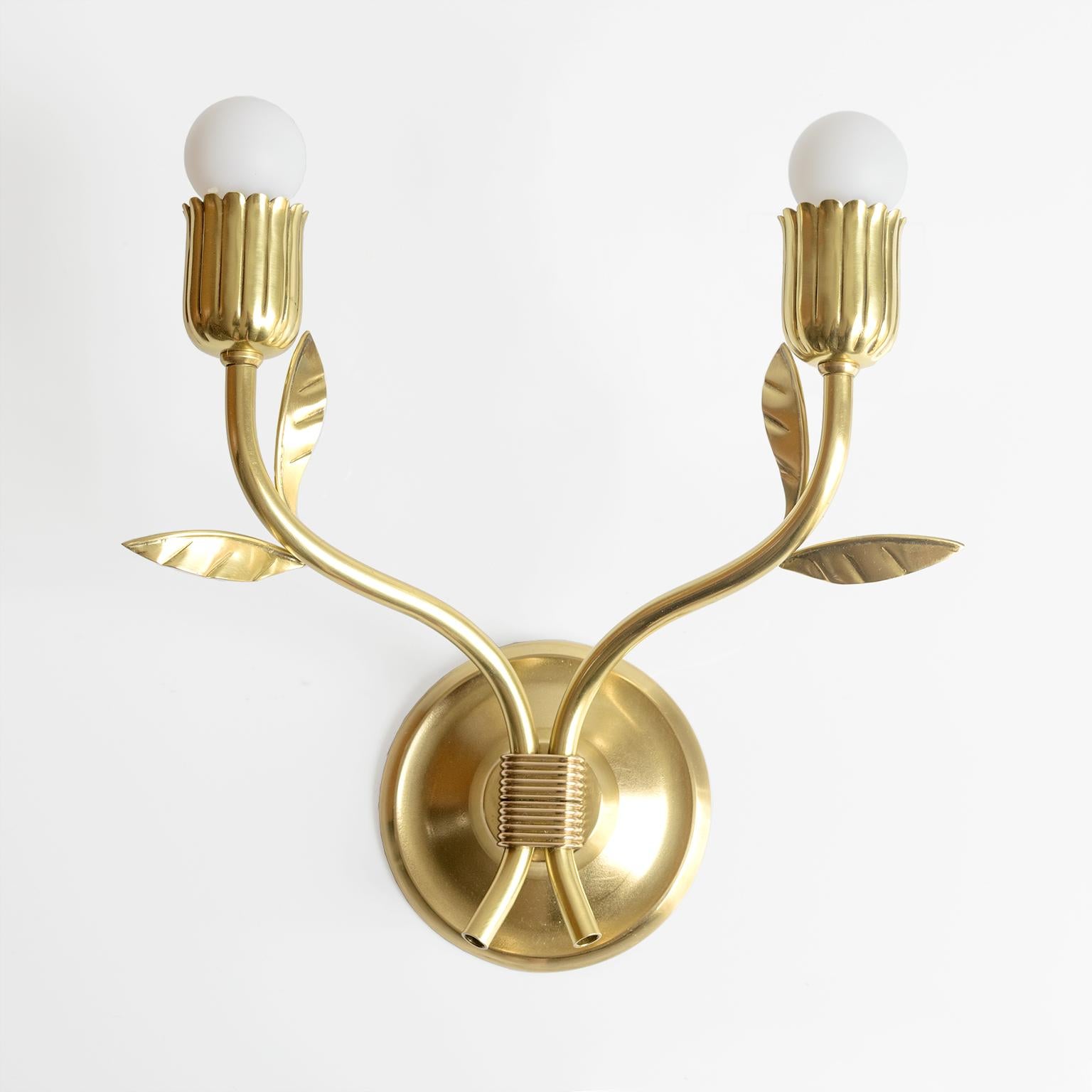 20th Century Pair of Scandinavian Modern Floral Double Arm Sconces in Brass