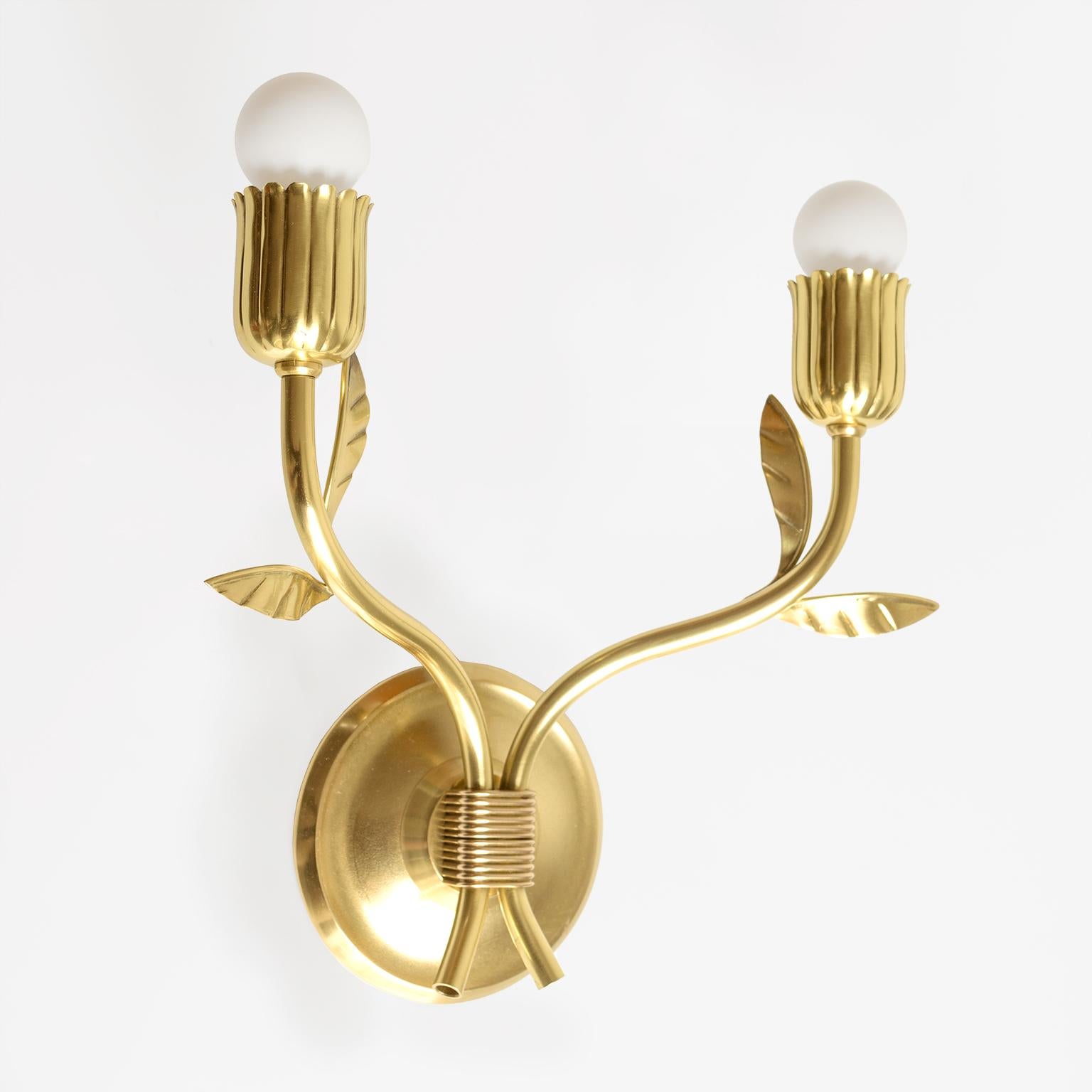 Pair of Scandinavian Modern Floral Double Arm Sconces in Brass 1
