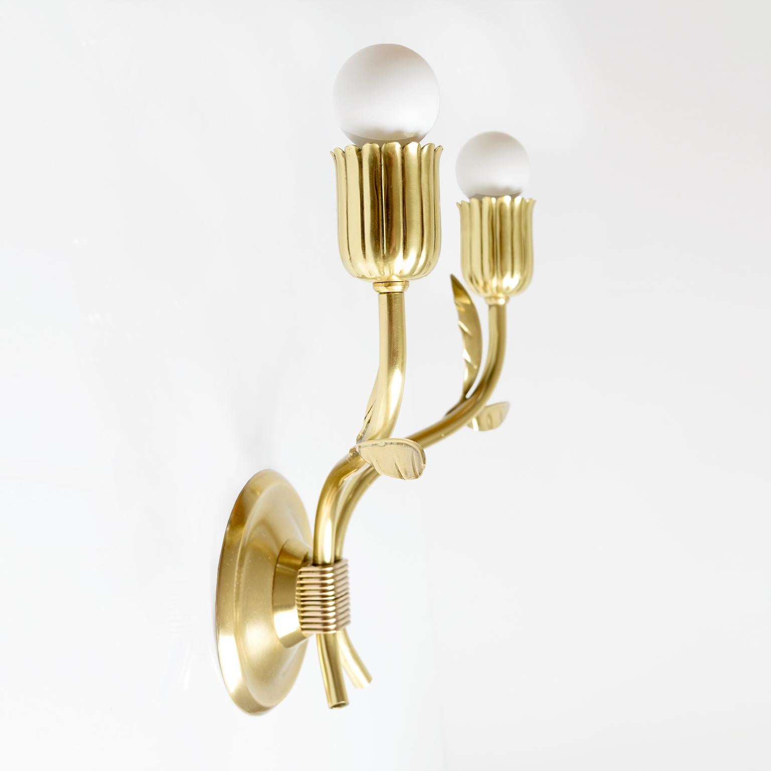Pair of Scandinavian Modern Floral Double Arm Sconces in Brass 2