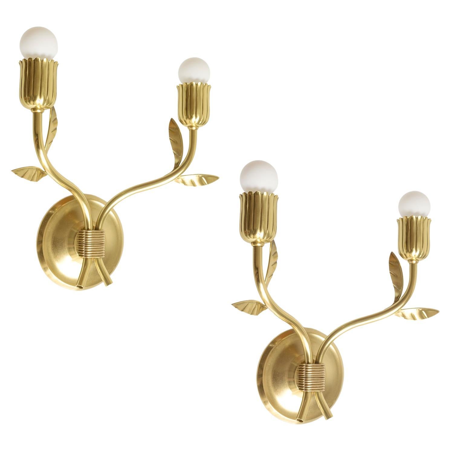 Pair of Scandinavian Modern Floral Double Arm Sconces in Brass
