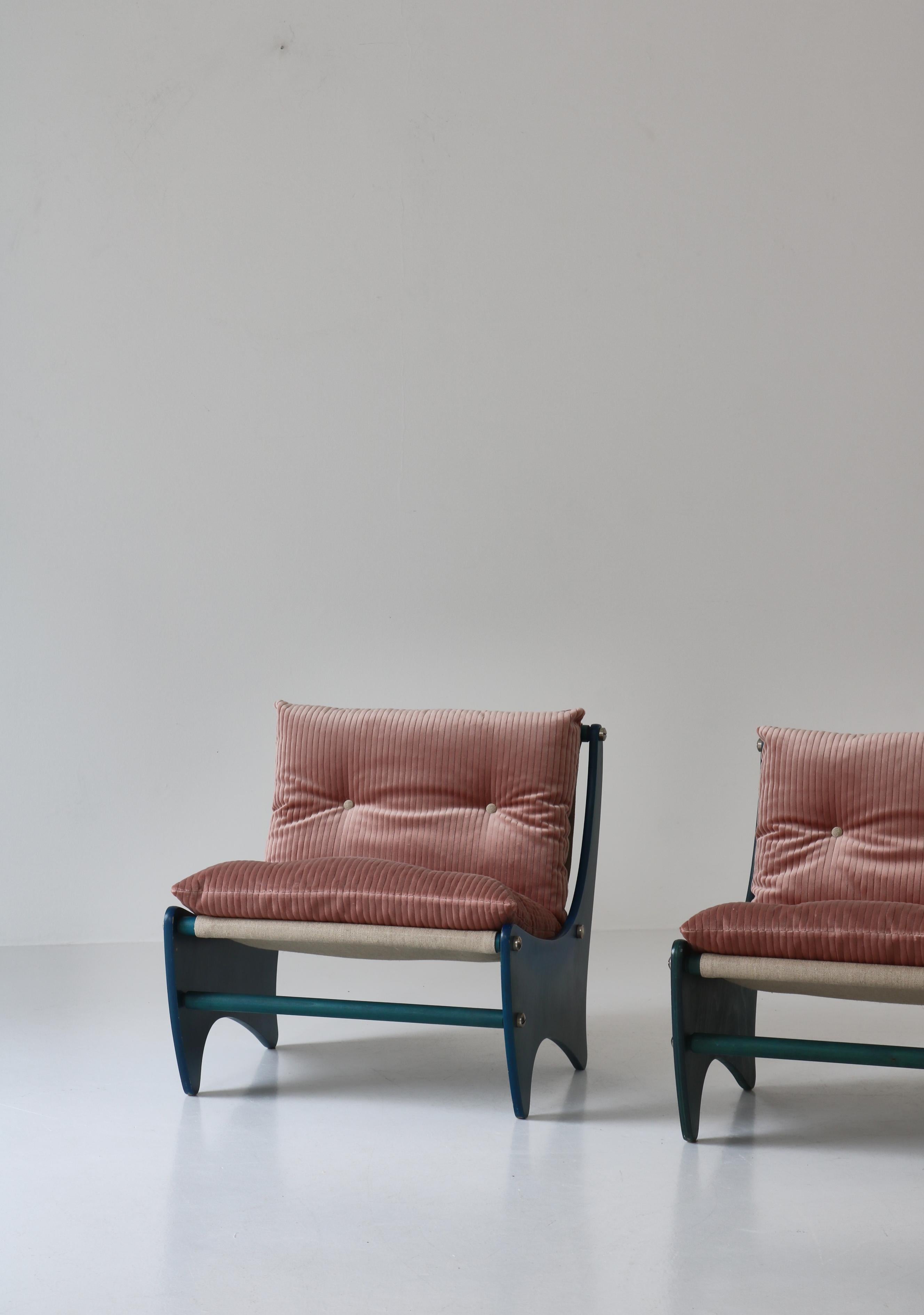 Pair of Scandinavian Modern Lounge Chairs Canvas & Pink Velvet, 1960s For Sale 12