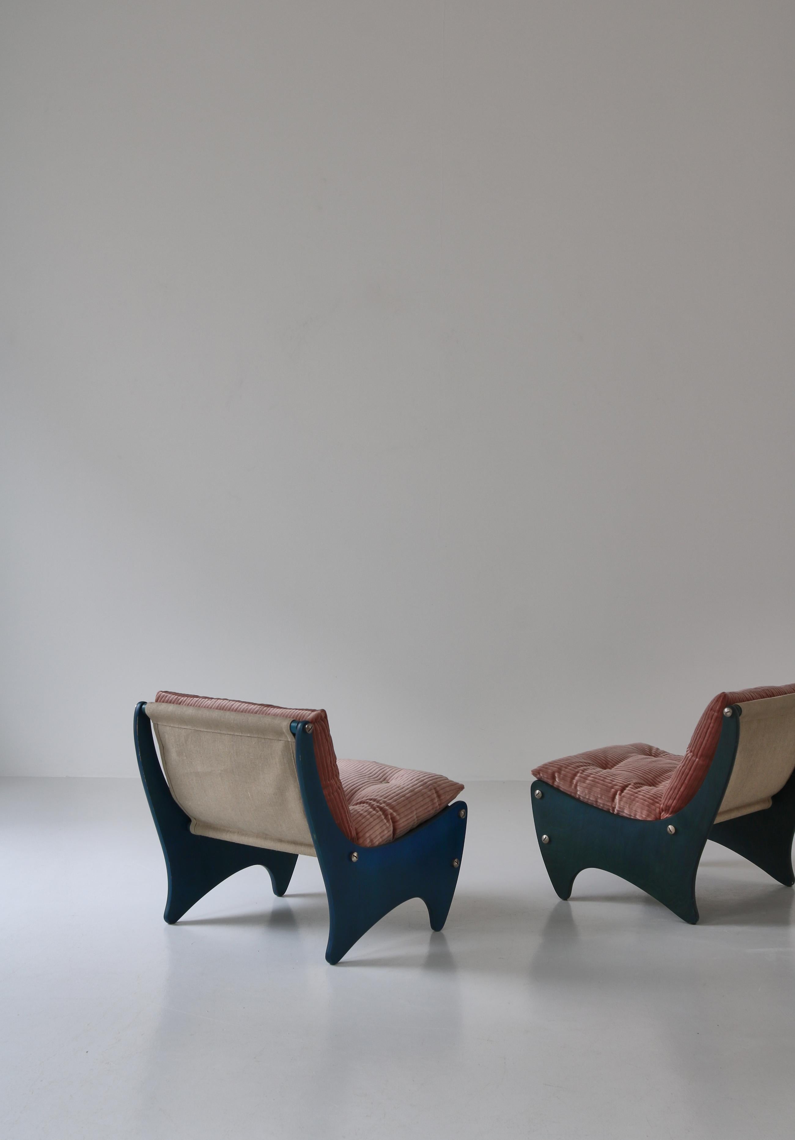 Pair of Scandinavian Modern Lounge Chairs Canvas & Pink Velvet, 1960s For Sale 1