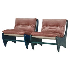 Retro Pair of Scandinavian Modern Lounge Chairs Canvas & Pink Velvet, 1960s