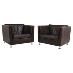 Pair of Scandinavian Modern Low Brown Leather lounge Chairs with Chrome Legs