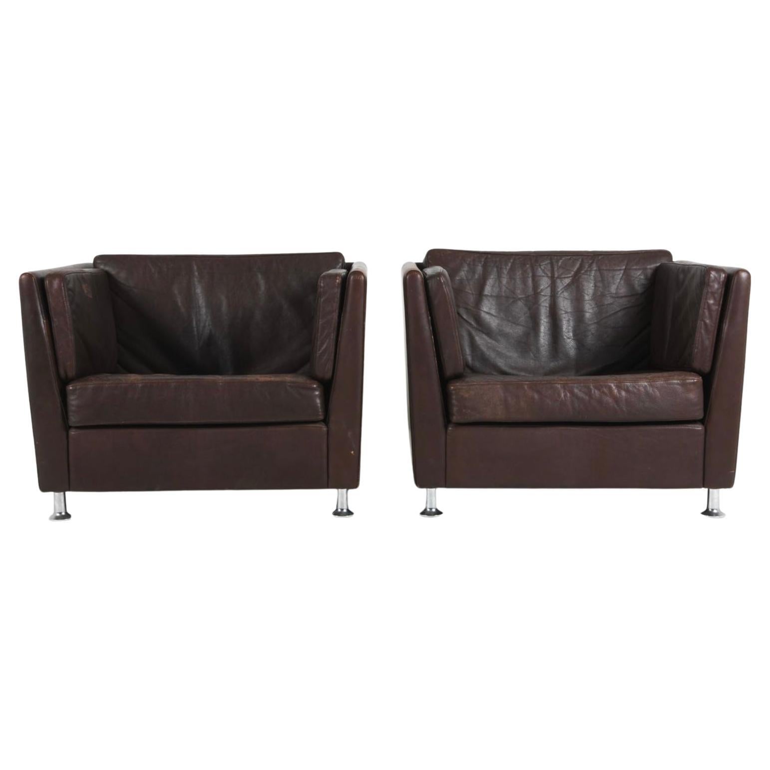 Pair of Scandinavian Modern Low Brown Leather lounge Chairs with Chrome Legs