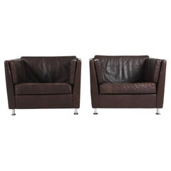 Pair of Scandinavian Modern Low Brown Leather lounge Chairs with Chrome Legs