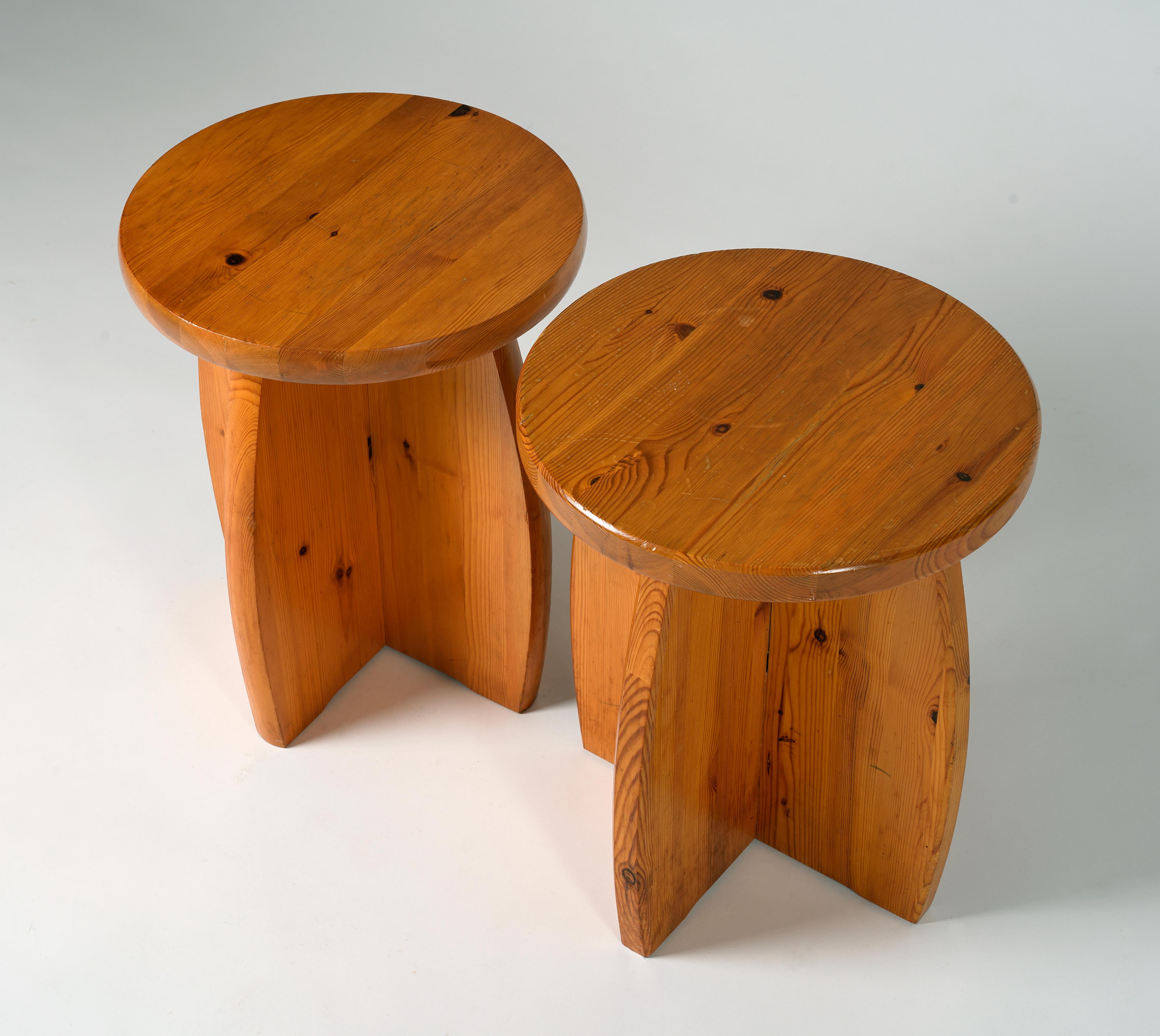 Pair of solid pine stools. Unknown designer, produced in Sweden in the 1970s. Perfect as stools or side tables. 

Scratches and marks due to age and usage.