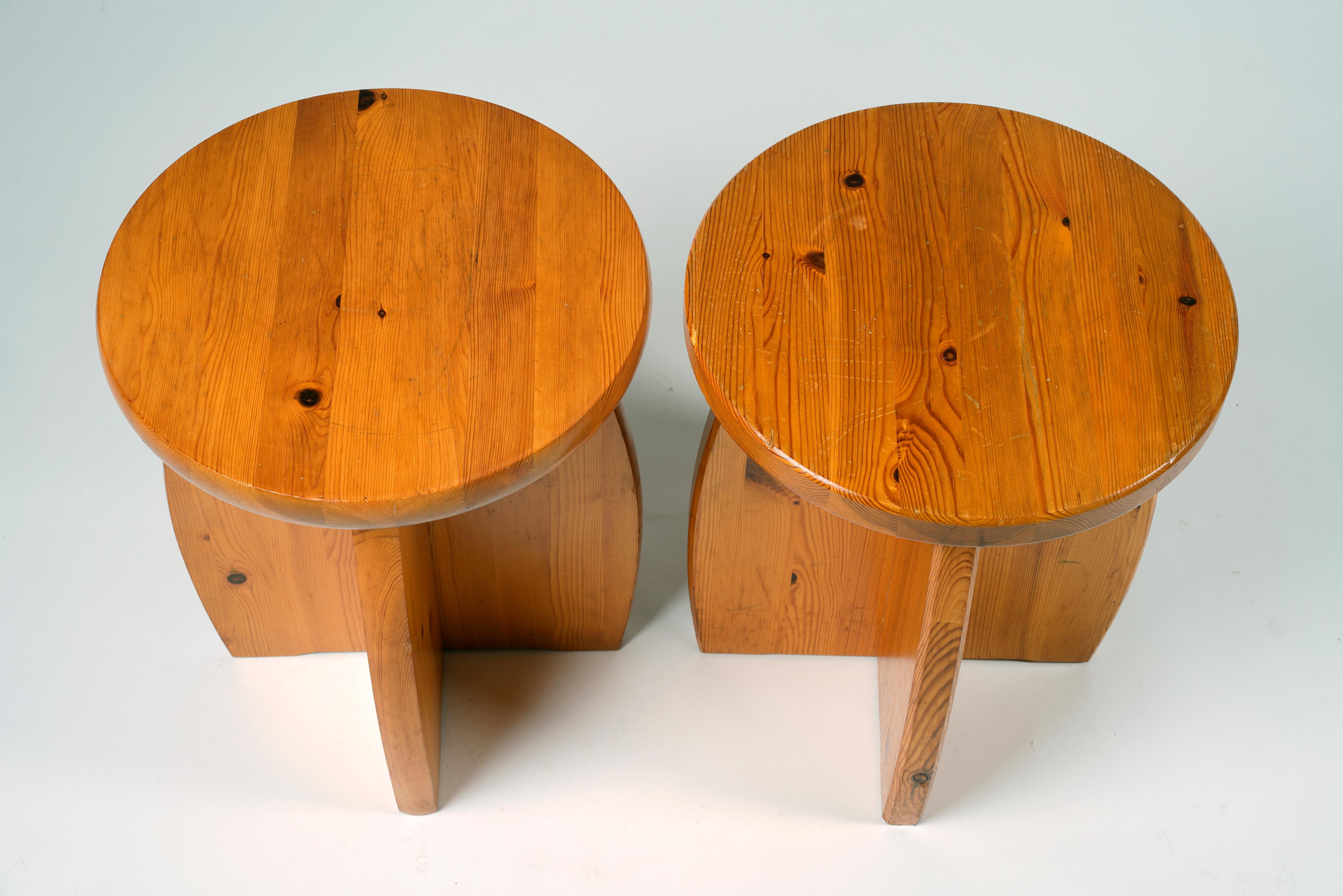 European Pair of Scandinavian modern pine stools, Sweden, 1970s For Sale