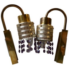 Pair of Scandinavian Modern Prism Sconces in Brass and Purple Crystal, 1960s