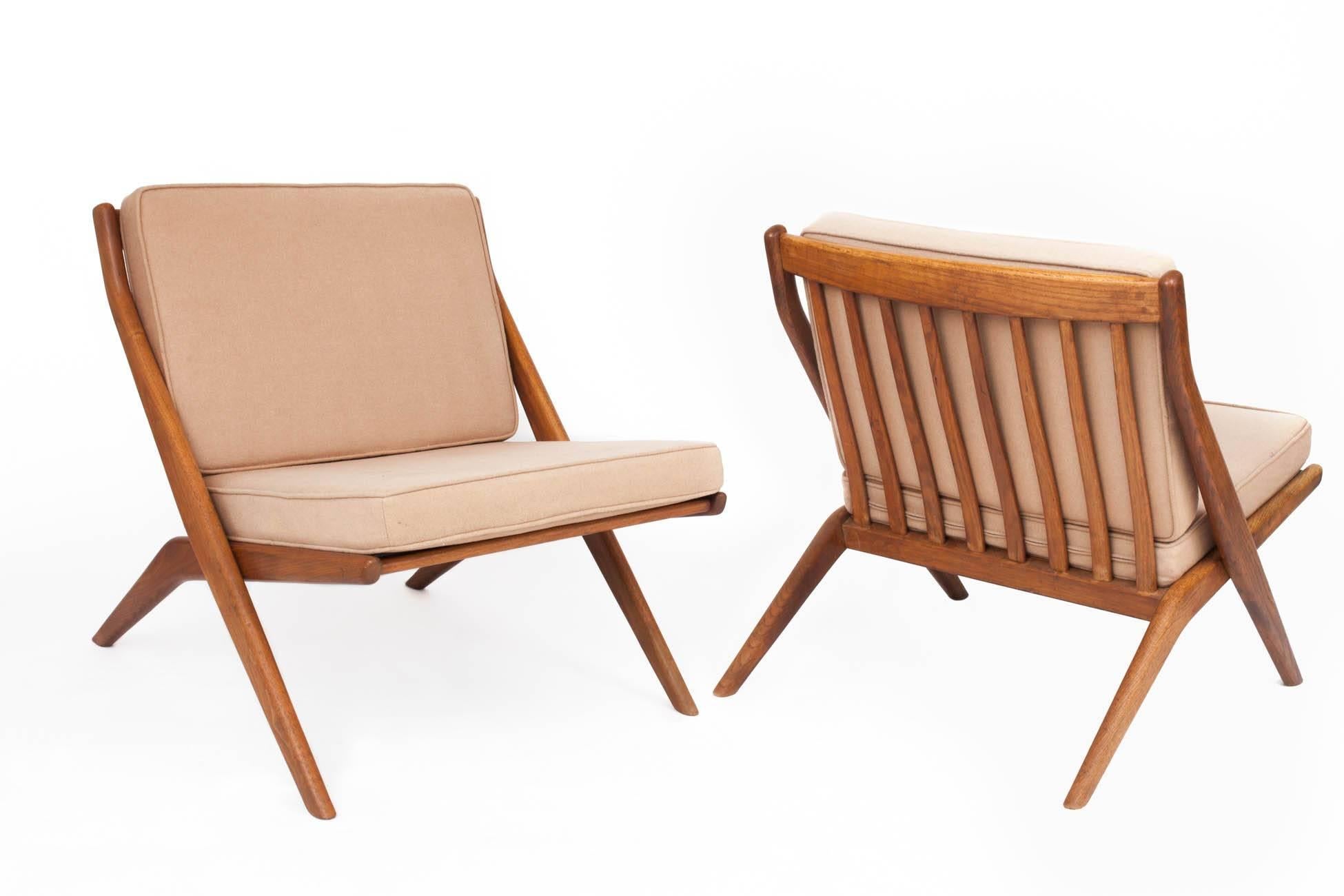 Mid-Century Modern Folke Ohlsson: Pair of Tan Scandinavian Modern Scissor Chairs in Walnut, 1950's