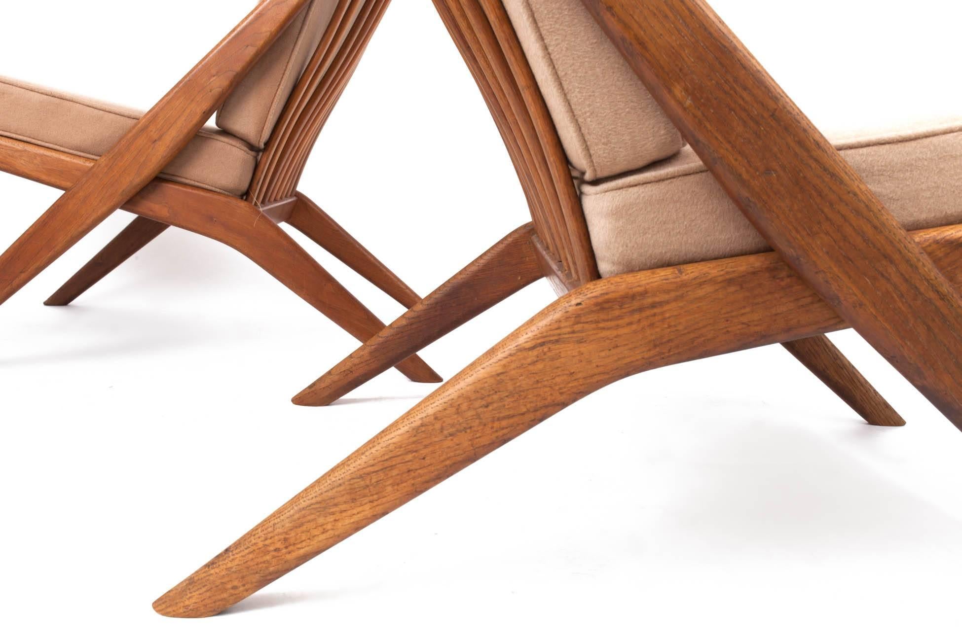 Folke Ohlsson: Pair of Tan Scandinavian Modern Scissor Chairs in Walnut, 1950's 1