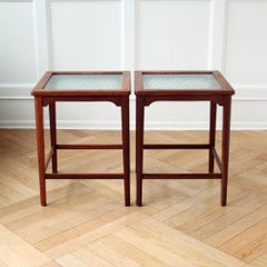 Pair of Scandinavian Modern Side Tables, Mahogany and Decorative Glass, 1940s