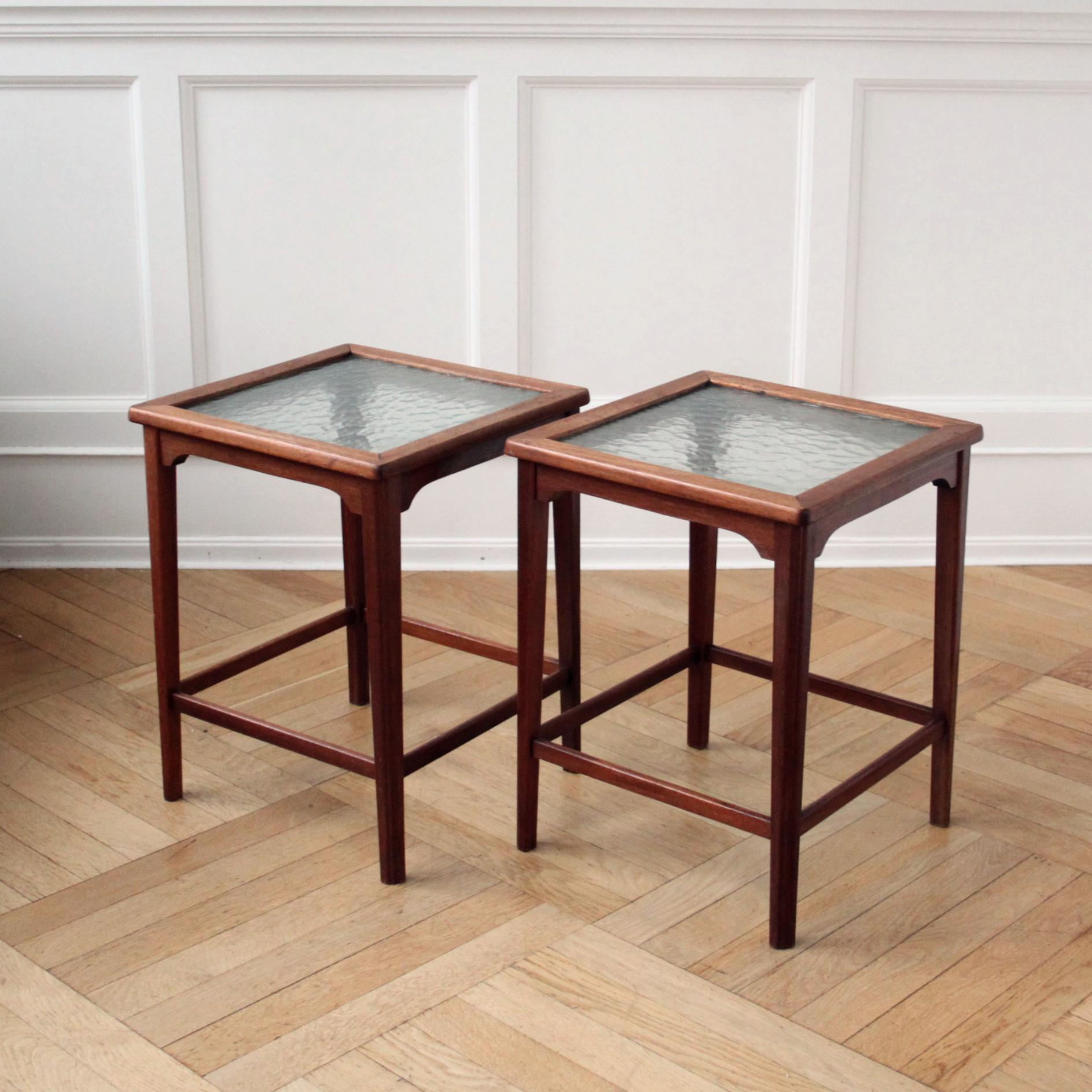 Danish Pair of Scandinavian Modern Side Tables, Mahogany and Decorative Glass, 1940s  For Sale