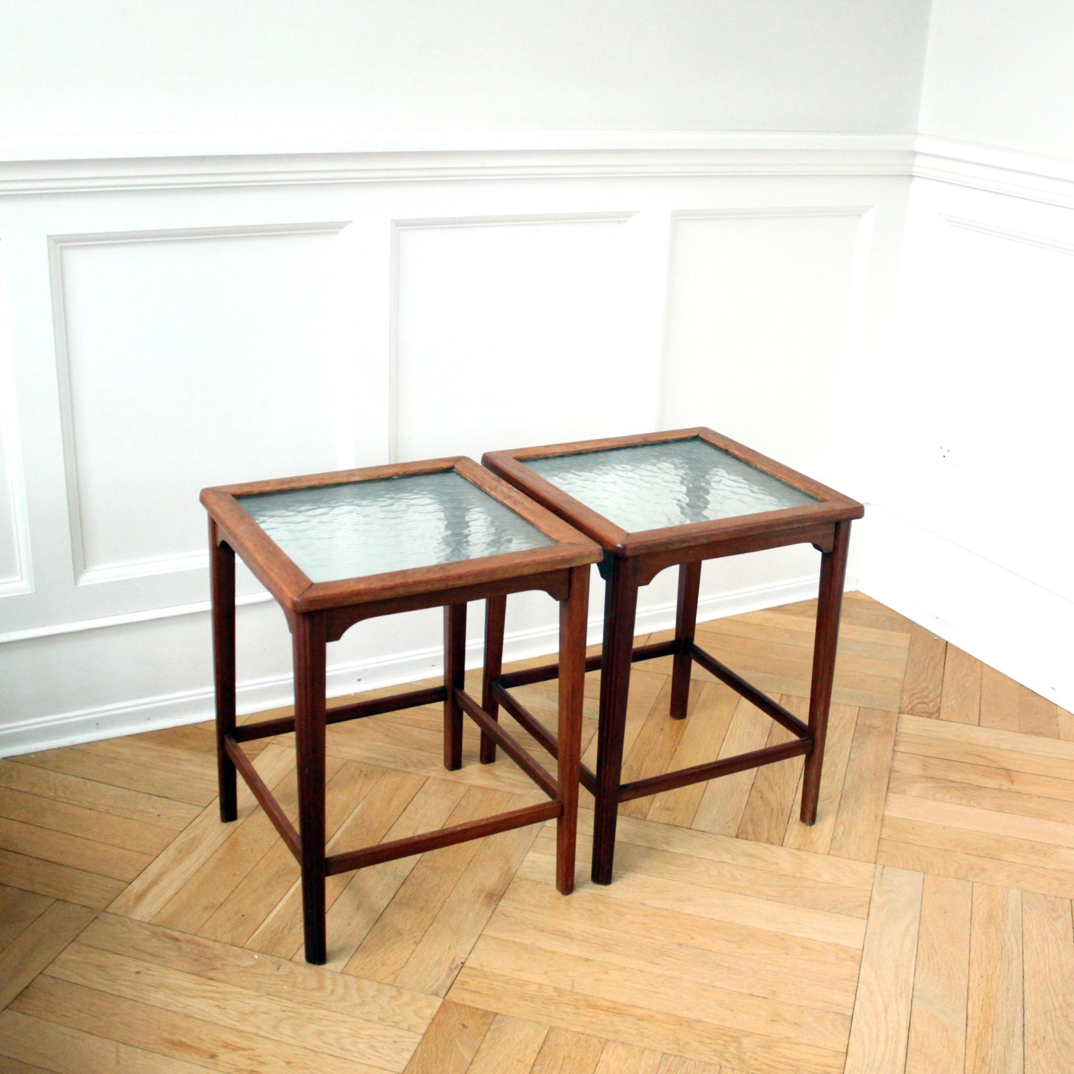 Oiled Pair of Scandinavian Modern Side Tables, Mahogany and Decorative Glass, 1940s  For Sale