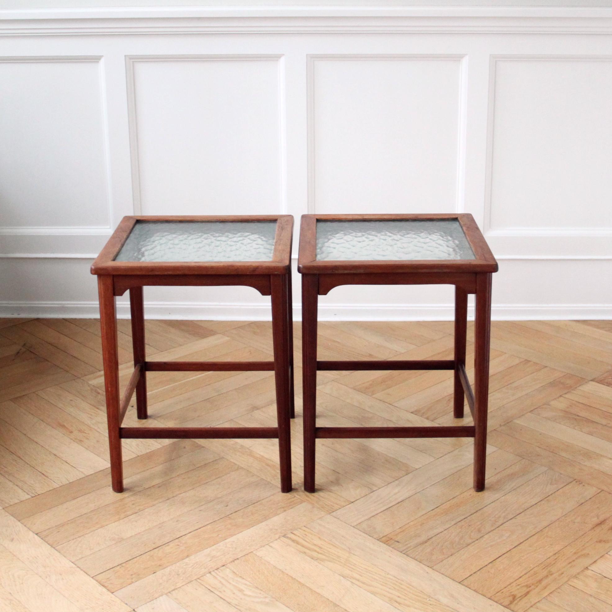 20th Century Pair of Scandinavian Modern Side Tables, Mahogany and Decorative Glass, 1940s  For Sale