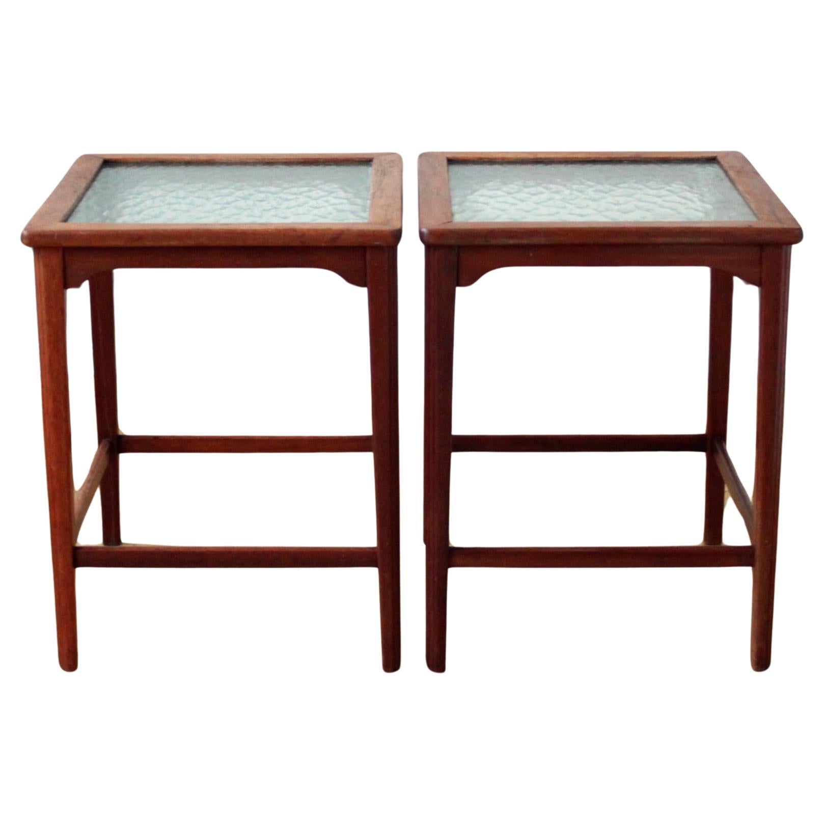 Pair of Scandinavian Modern Side Tables, Mahogany and Decorative Glass, 1940s  For Sale