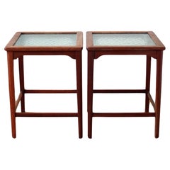 Vintage Pair of Scandinavian Modern Side Tables, Mahogany and Decorative Glass, 1940s 