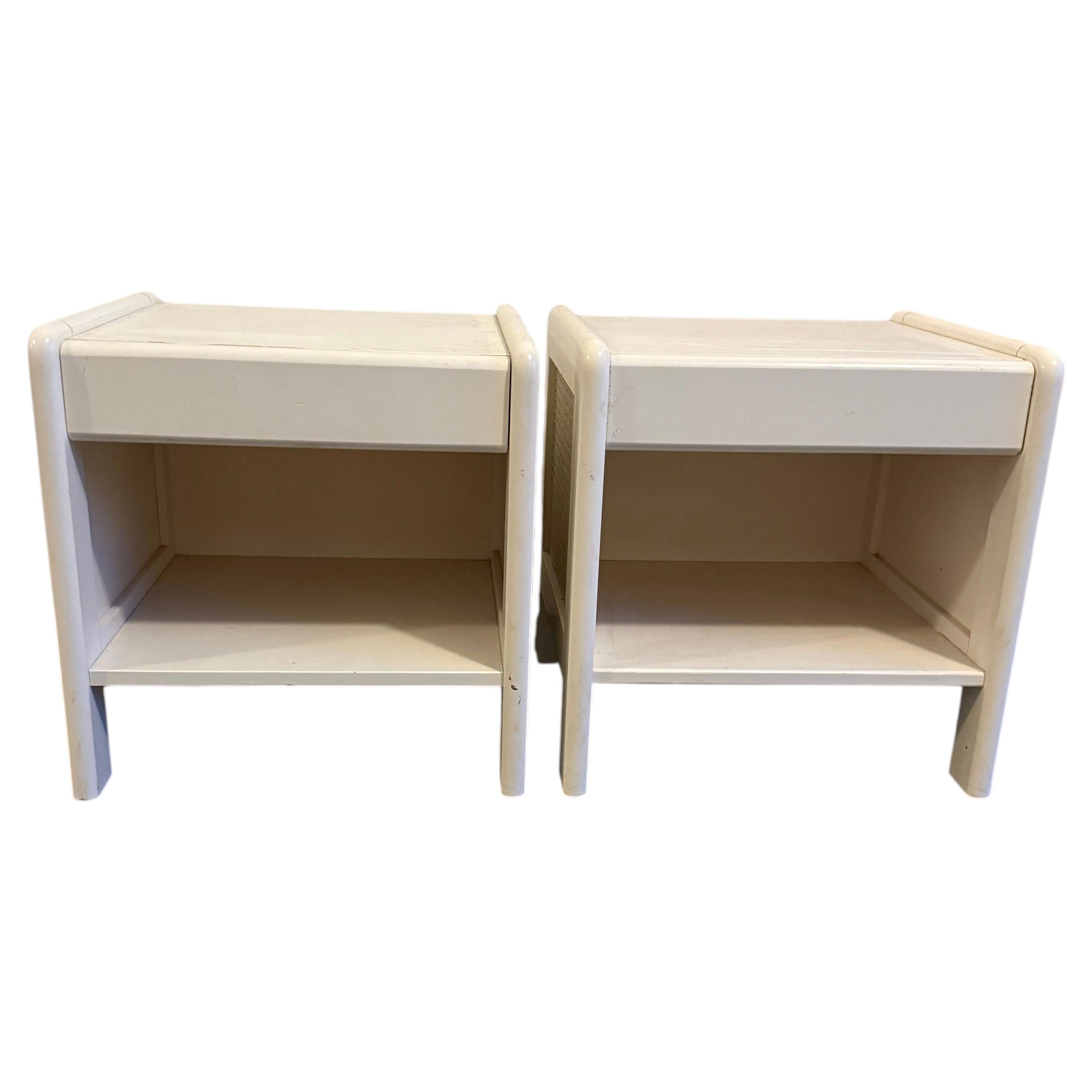 Pair of Scandinavian modern single drawer nightstands White lacquer and cane