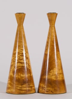 Pair of Scandinavian Modern Solid Flame Birch Wood and Brass Candleholders