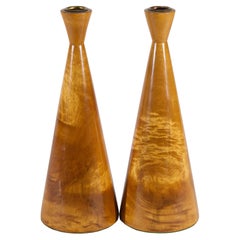Pair of Scandinavian Modern Solid Flame Birch Wood and Brass Candleholders