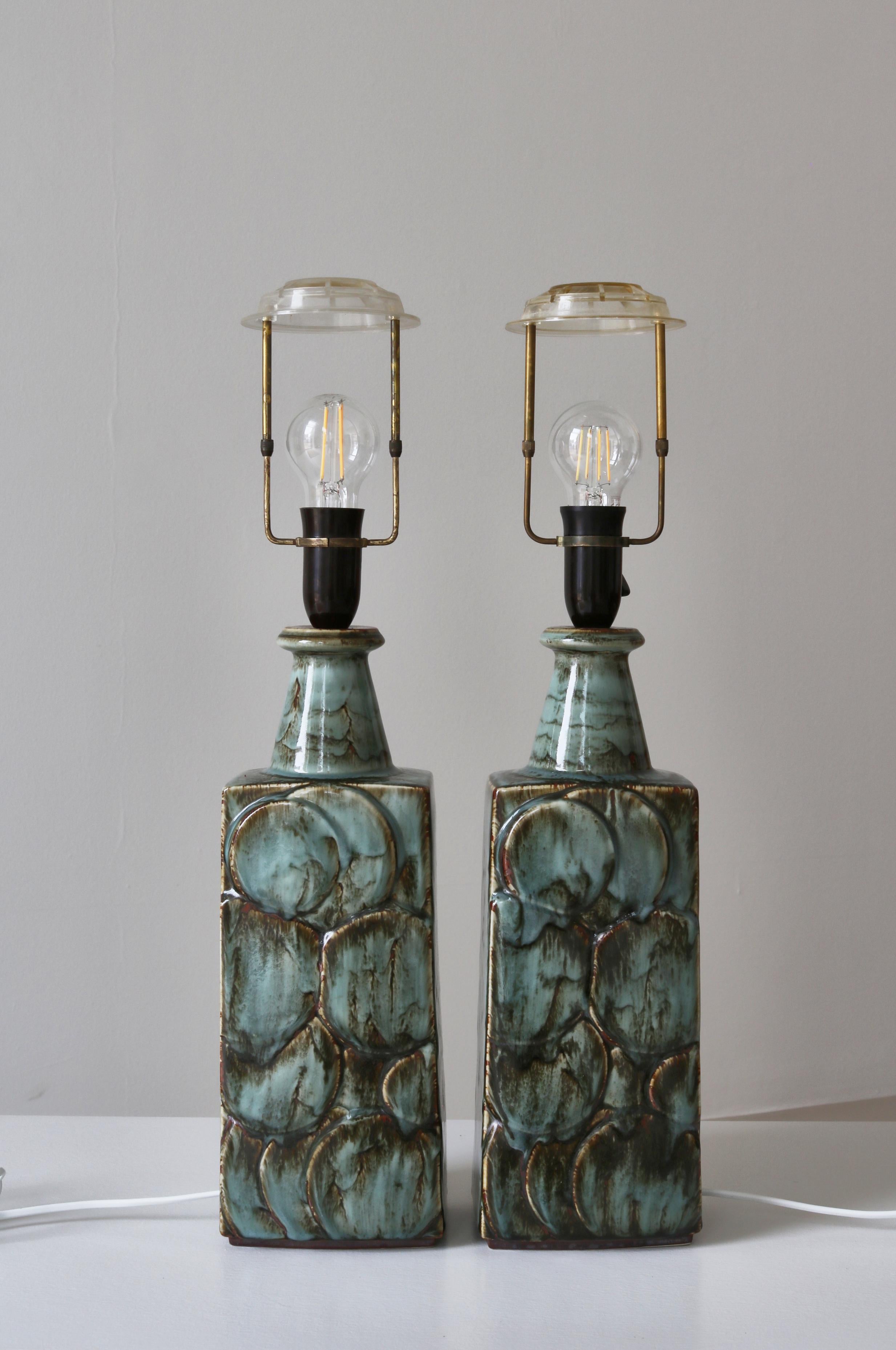 Pair of blue green Scandinavian Modern Stoneware Table Lamps, Denmark, 1960s For Sale 7