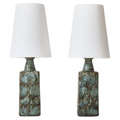 Pair of blue green Scandinavian Modern Stoneware Table Lamps, Denmark, 1960s