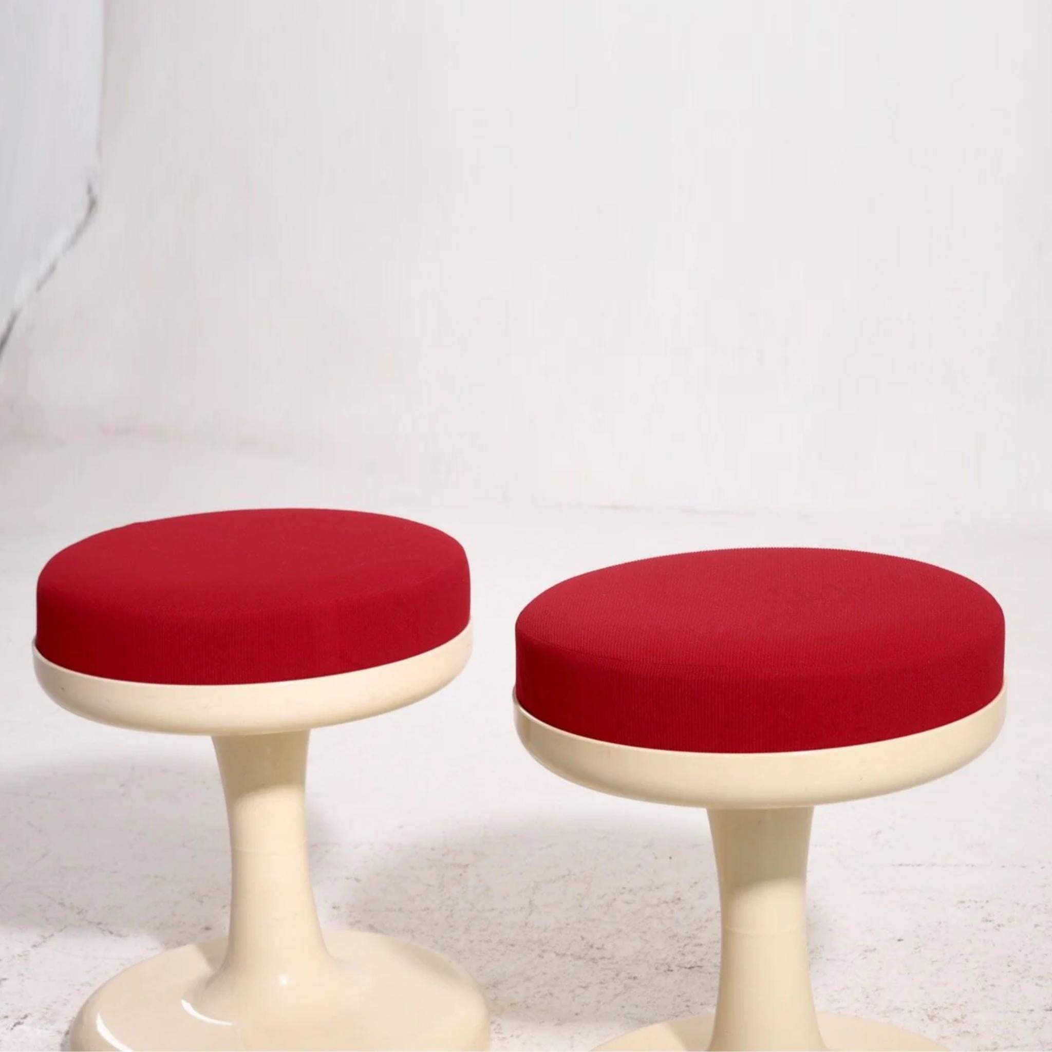 Rare pair of Scandinavian modern stools with red fabric upholstery, 1960s.