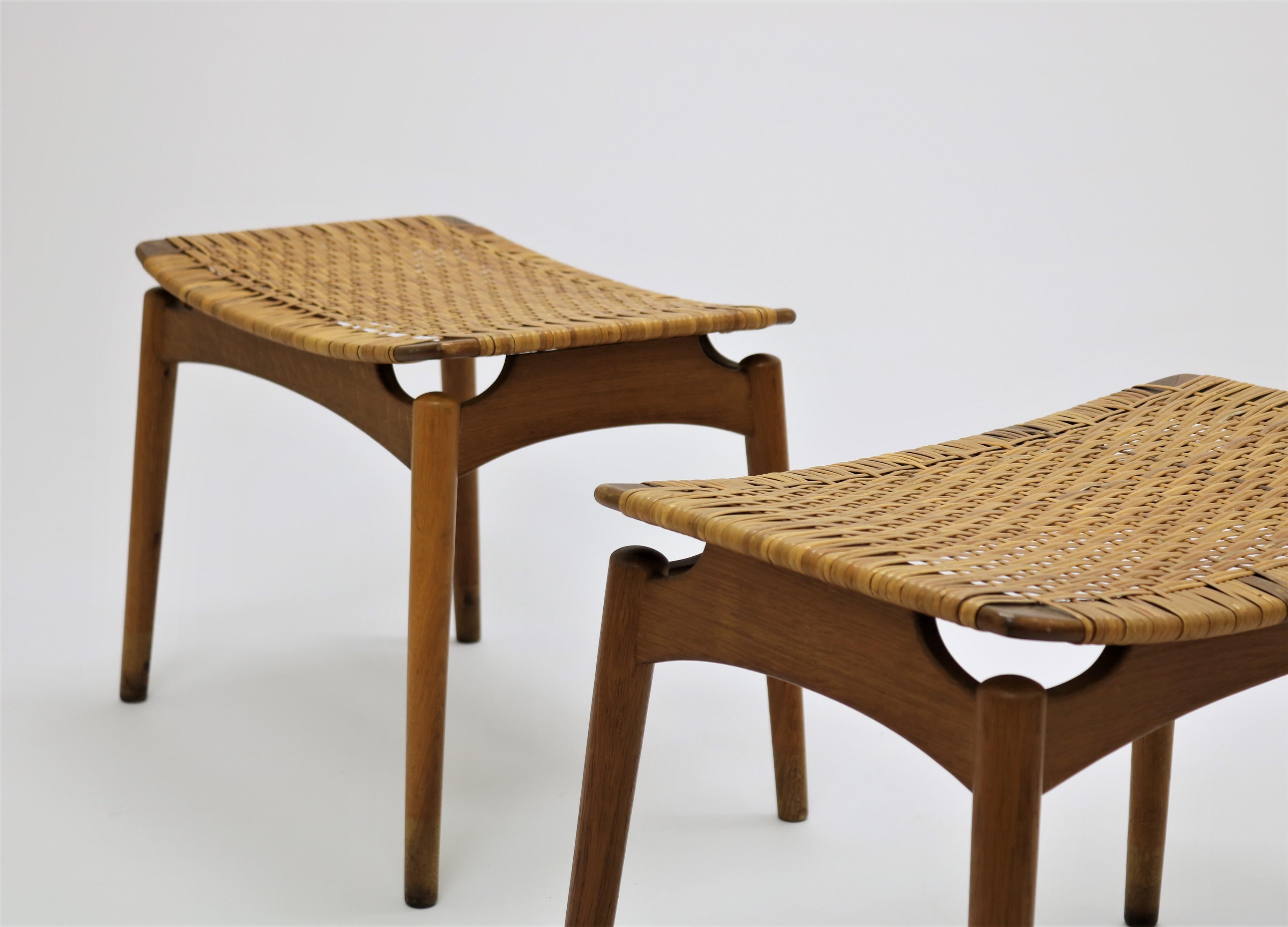 Danish Pair of Scandinavian Modern Stools in Oak and Cane by Olholm Denmark, 1950s