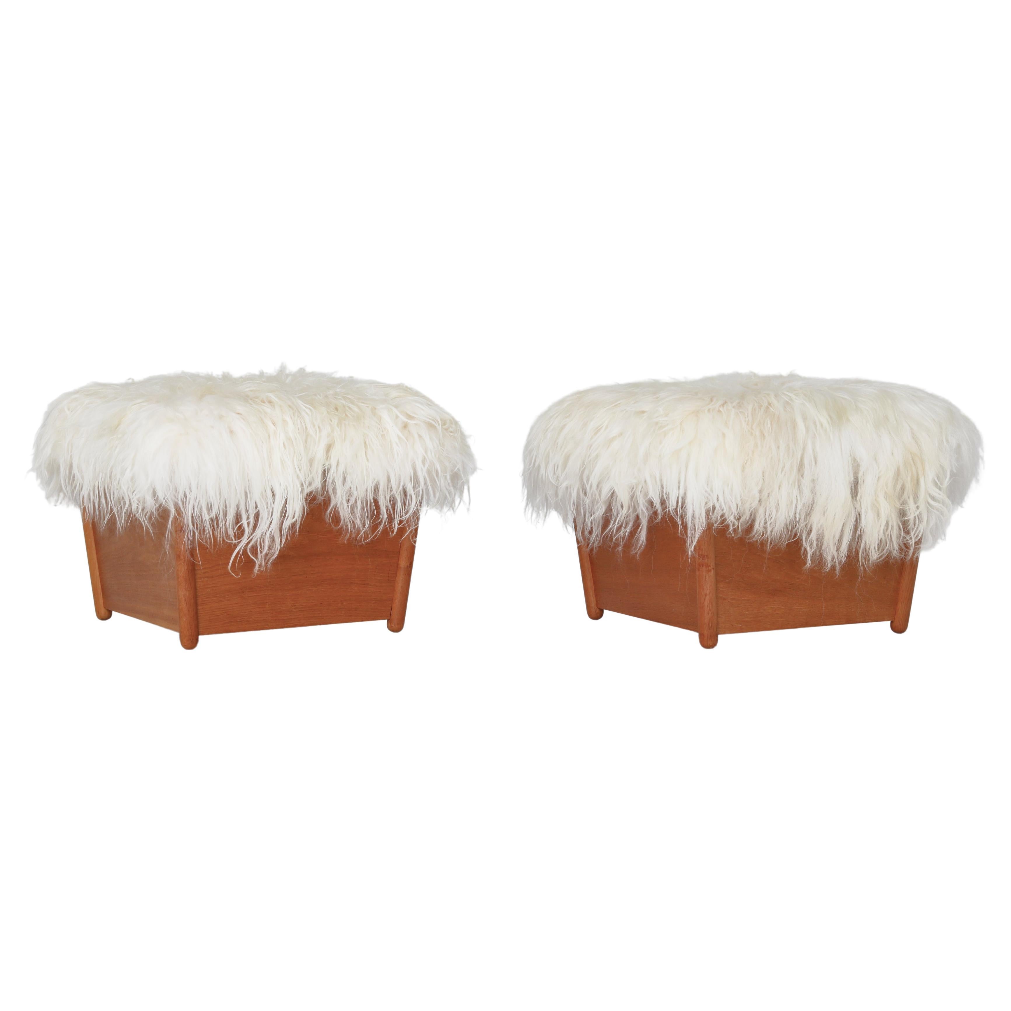 Pair of Scandinavian Modern Stools in Oak and Sheepskin, Denmark, 1960s For Sale