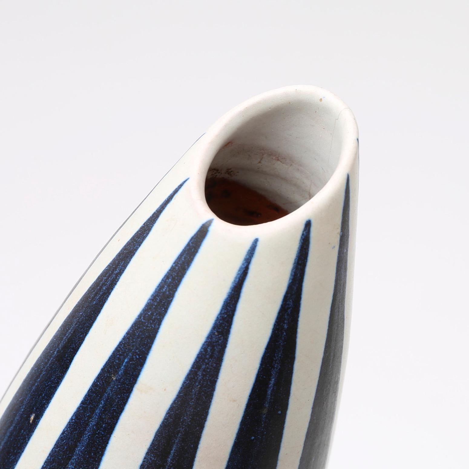 Glazed Pair of Scandinavian Modern Striped Vases by Mette Doller for Hoganas, 'Höganäs' For Sale