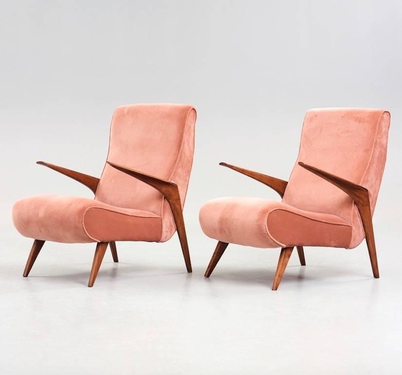 Swedish Pair of Scandinavian Modern Style Pink Velvet Upholstered Armchairs