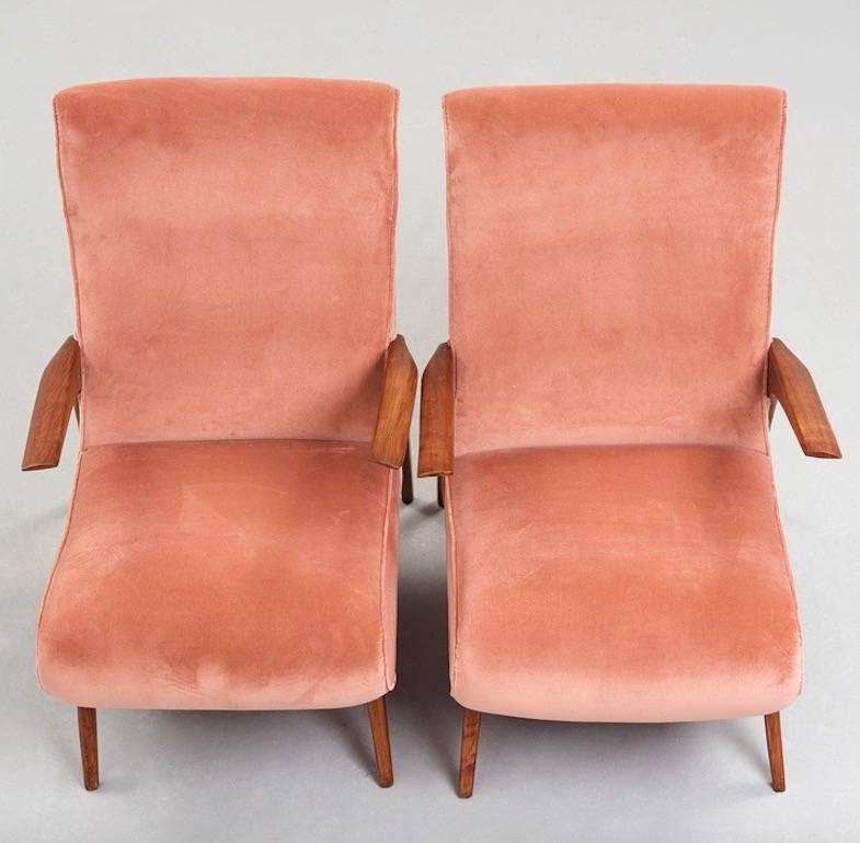 20th Century Pair of Scandinavian Modern Style Pink Velvet Upholstered Armchairs