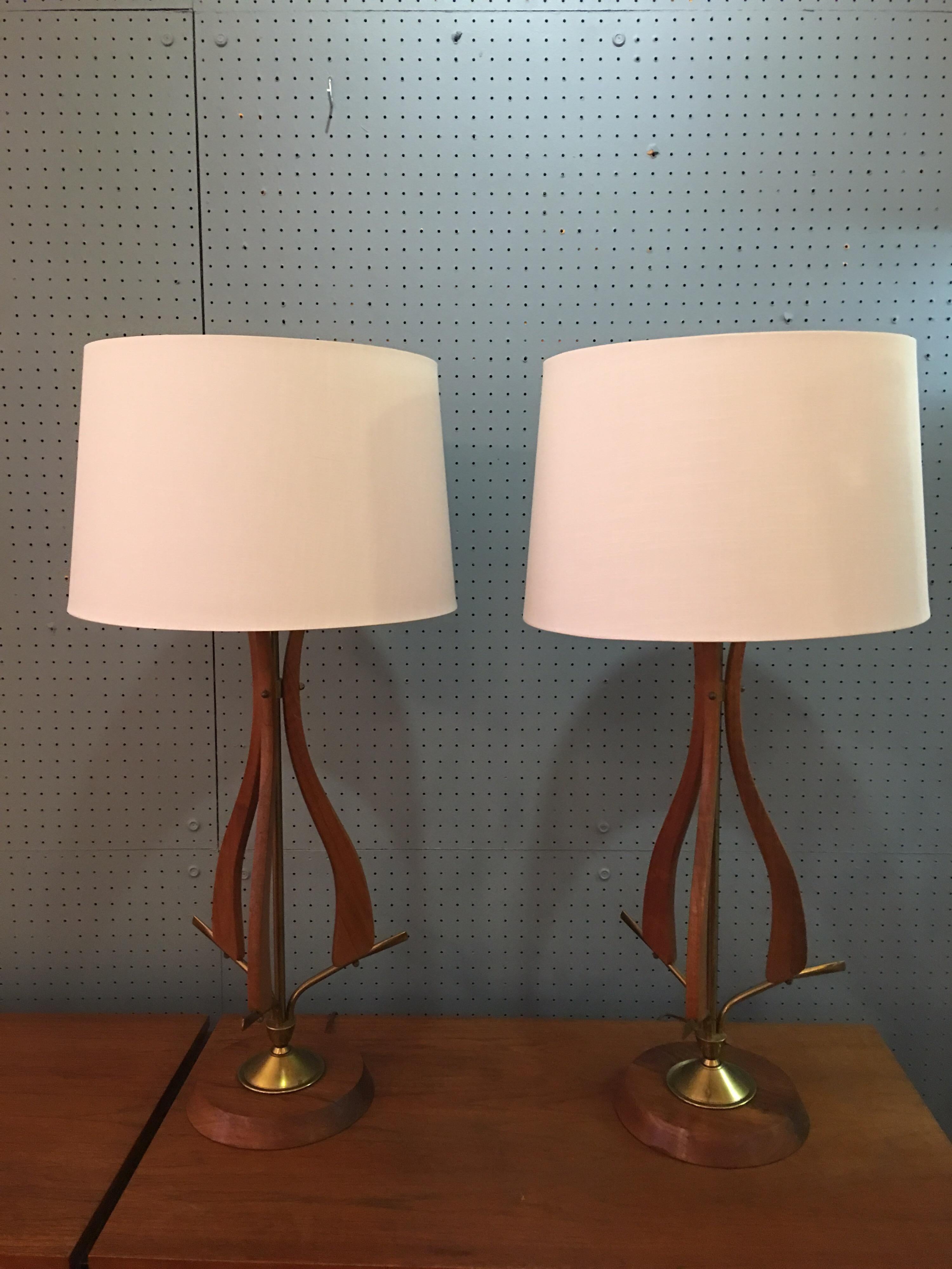 Pair of Wood and Brass Scandinavian Modern Table Lamps. Probably American late 60's but with all the Danish influences you could expect! Wood is in very nice original condition, brass shows patina! Very Handsome pair of lamps!