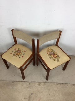 Pair of Scandinavian Modern Teak Chairs with Embroidered Floral Seats